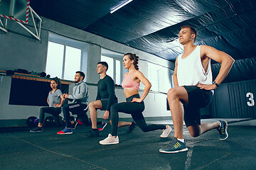 Image showing Shot of young men and a woman standing in plank position at the gym