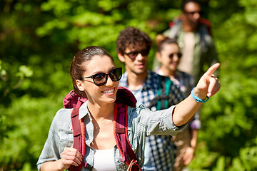 Image showing group of friends with backpacks hiking in forest