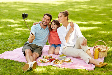 Image showing family having picnic and taking selfie at park