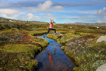 Image showing Woman run free jumping little meandering  stream in high country