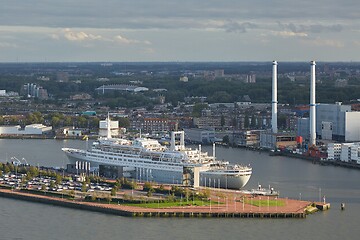 Image showing Rotterdam quay, SS Rotterdam in dusk