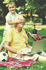 Image showing grandfather and child using laptop