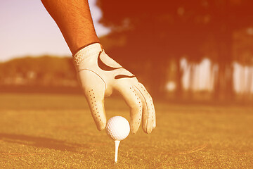 Image showing close up of golf players hand placing ball on tee