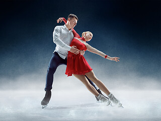 Image showing Professional man and woman figure skaters performing on ice show