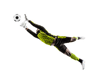 Image showing One soccer player goalkeeper man catching ball