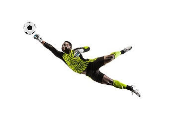 Image showing One soccer player goalkeeper man catching ball