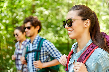 Image showing group of friends with backpacks hiking in forest