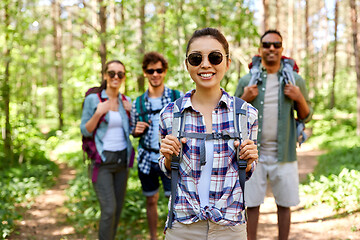 Image showing friends with backpacks on hike in forest