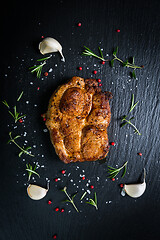 Image showing Grilled pork steak with spices, herbs and garlic