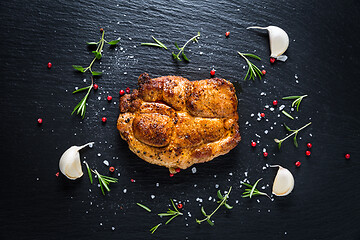 Image showing Grilled pork steak with spices, herbs and garlic