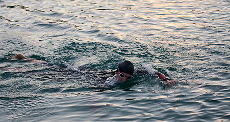 Image showing triathlon athlete swimming on lake in sunrise wearing wetsuit