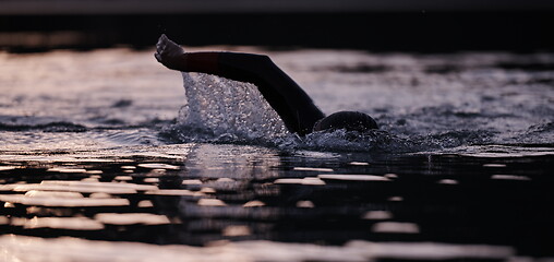 Image showing triathlon athlete swimming on lake in sunrise wearing wetsuit