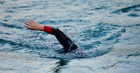 Image showing triathlon athlete swimming on lake in sunrise wearing wetsuit