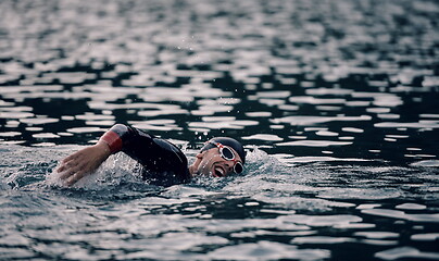 Image showing triathlon athlete swimming on lake in sunrise wearing wetsuit