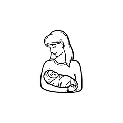 Image showing A woman with wraped baby hand drawn outline doodle icon.