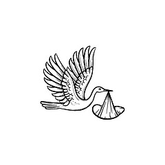 Image showing A stork carrying a wraped baby hand drawn outline doodle icon.