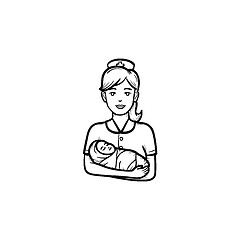 Image showing A midwife with a newborn child hand drawn outline doodle icon.