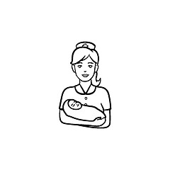 Image showing A midwife with a newborn child hand drawn outline doodle icon.