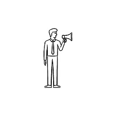 Image showing Businessman with megaphone hand drawn outline doodle icon.
