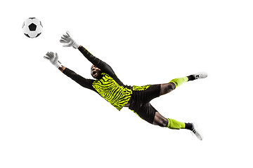 Image showing One soccer player goalkeeper man catching ball