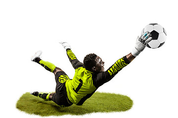 Image showing One soccer player goalkeeper man catching ball