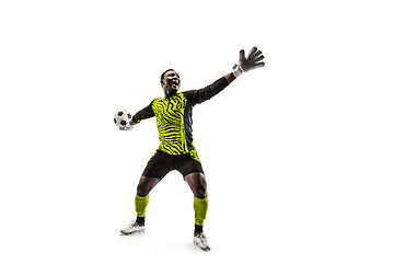 Image showing one soccer player goalkeeper man throwing ball