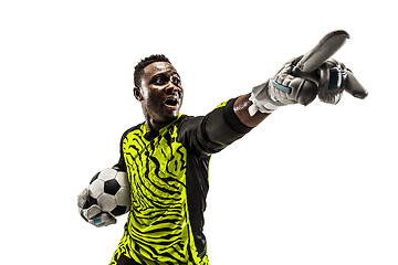 Image showing One soccer player goalkeeper isolated on white background