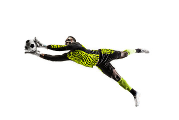 Image showing One soccer player goalkeeper man catching ball