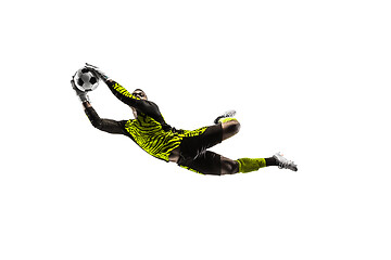 Image showing One soccer player goalkeeper man catching ball