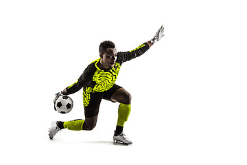Image showing one soccer player goalkeeper man throwing ball