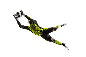 Image showing One soccer player goalkeeper man catching ball