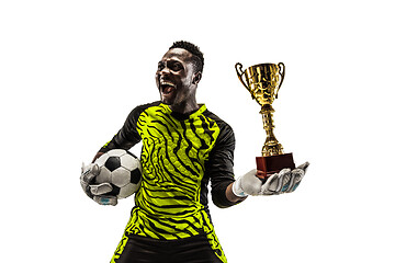 Image showing The winner soccer player with ball isolated on white background