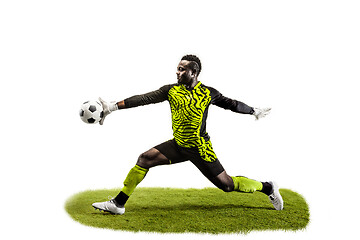 Image showing One soccer player goalkeeper man catching ball