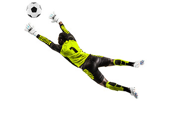 Image showing One soccer player goalkeeper man catching ball