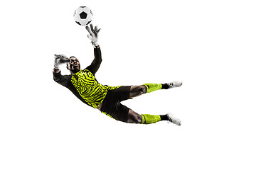 Image showing One soccer player goalkeeper man catching ball