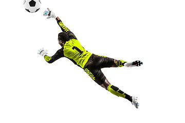 Image showing One soccer player goalkeeper man catching ball