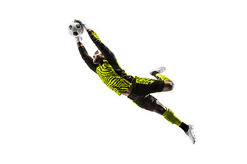 Image showing One soccer player goalkeeper man catching ball