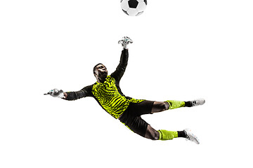Image showing One soccer player goalkeeper man catching ball