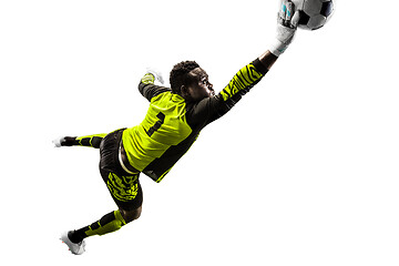 Image showing One soccer player goalkeeper man catching ball