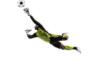 Image showing One soccer player goalkeeper man catching ball