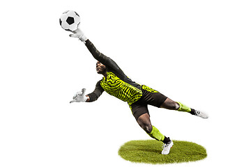 Image showing One soccer player goalkeeper man catching ball