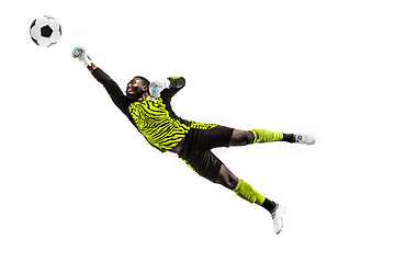 Image showing One soccer player goalkeeper man catching ball