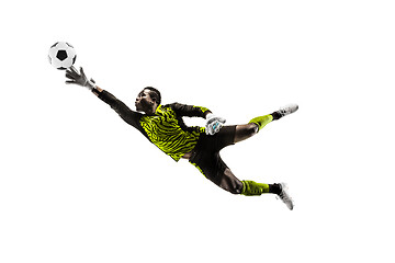 Image showing One soccer player goalkeeper man catching ball