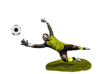 Image showing One soccer player goalkeeper man catching ball