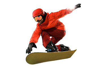 Image showing Portrait of young man in sportswear with snowboard isolated on a white background.