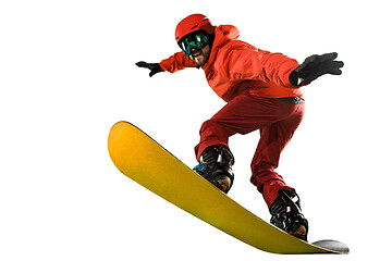 Image showing Portrait of young man in sportswear with snowboard isolated on a white background.