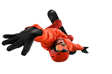 Image showing Portrait of young man in sportswear with snowboard isolated on a white background.