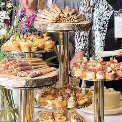 Image showing Businesspeople at banquet lunch break at business conference meeting. Assortment of canapes and finger food on the table.