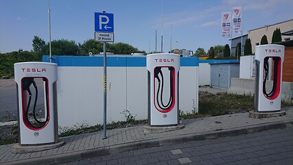 Image showing BAD RAPPENAU, GERMANY- JULY 21, 2020: Close up of of Tesla Superchargerer.