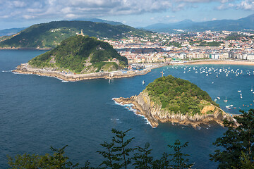 Image showing SAN SEBASTIAN, SPAIN- JULY 13, 2020: Aerial view of San Sebastian and Santa Clara Island, Donostia, Spain on a beautiful summer day